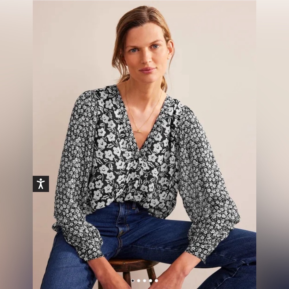 BODEN Printed V-Neck Blouse Black, Petal Pop Size 4